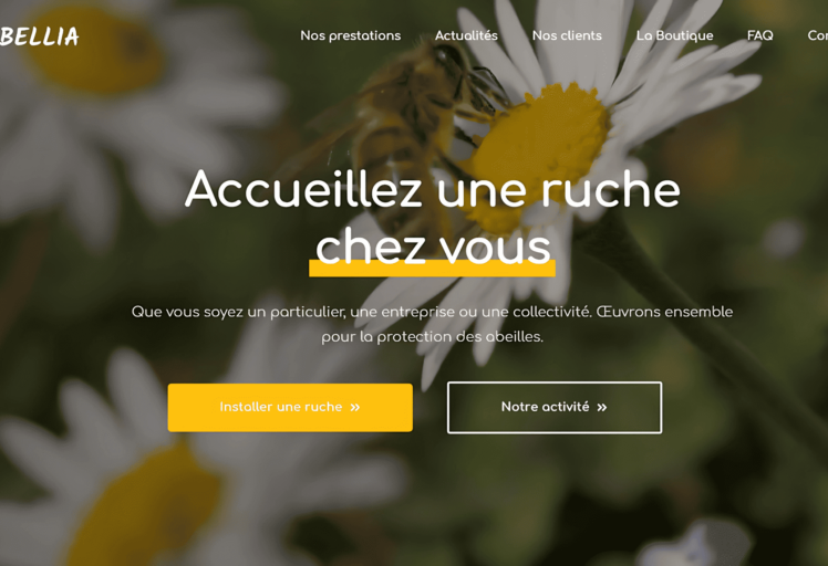 Page d'accueil du site Abellia, spécialisée dans l'installation de ruches pour particuliers, entreprises et collectivités, avec un fond fleuri et un appel à installer une ruche.
