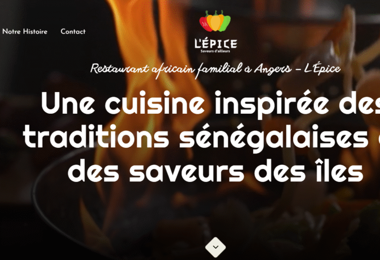 Capture d’écran du site web du restaurant L’Épice à Angers, spécialisé en cuisine africaine et sénégalaise. Site réalisé par Webdo Design.