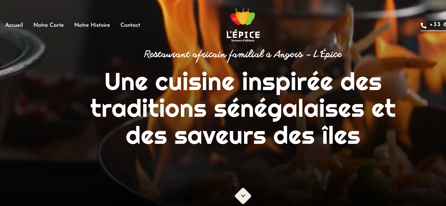 Capture d’écran du site web du restaurant L’Épice à Angers, spécialisé en cuisine africaine et sénégalaise. Site réalisé par Webdo Design.